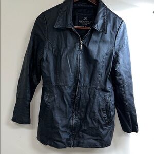 OSCAR PIEL M Lined Black Full Zip Leather Jacket w Missing Belt